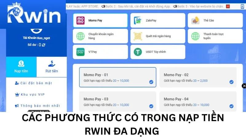 Các phương thức có trong nạp tiền Rwin đa dạng